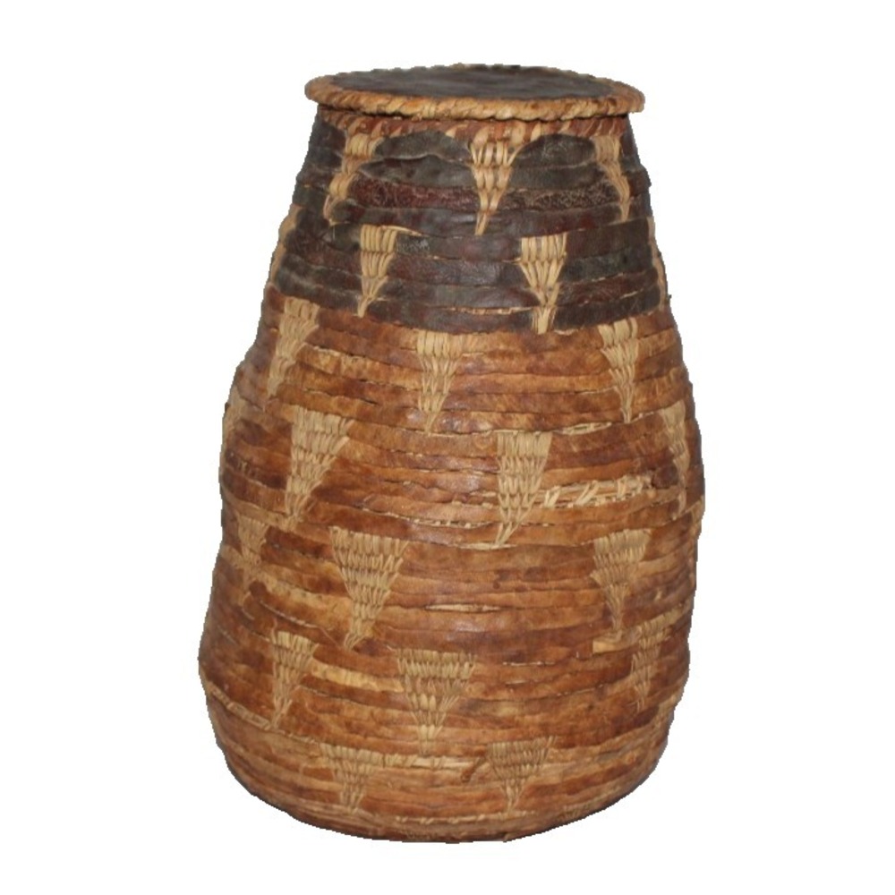 vintage antique rustic handwoven lidded basket tribal